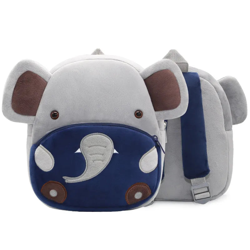 Cute plush animal backpack for children in elephant design, showing front zipper and straps.