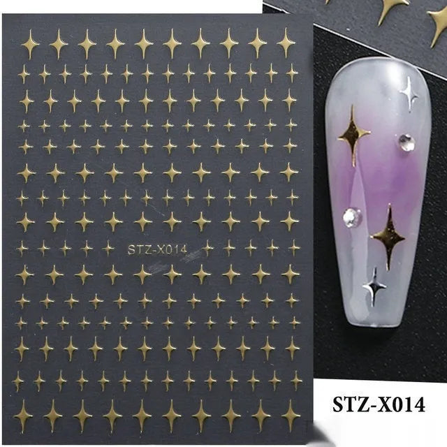 Pack of black and silver striped nail art stickers with cartoon and love pattern designs.