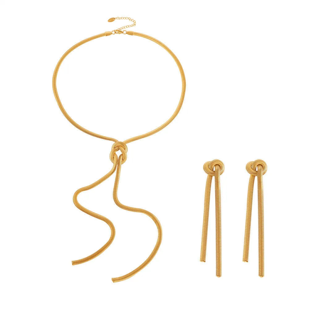 Gold knotted tassel necklace and matching earrings set with snake chain