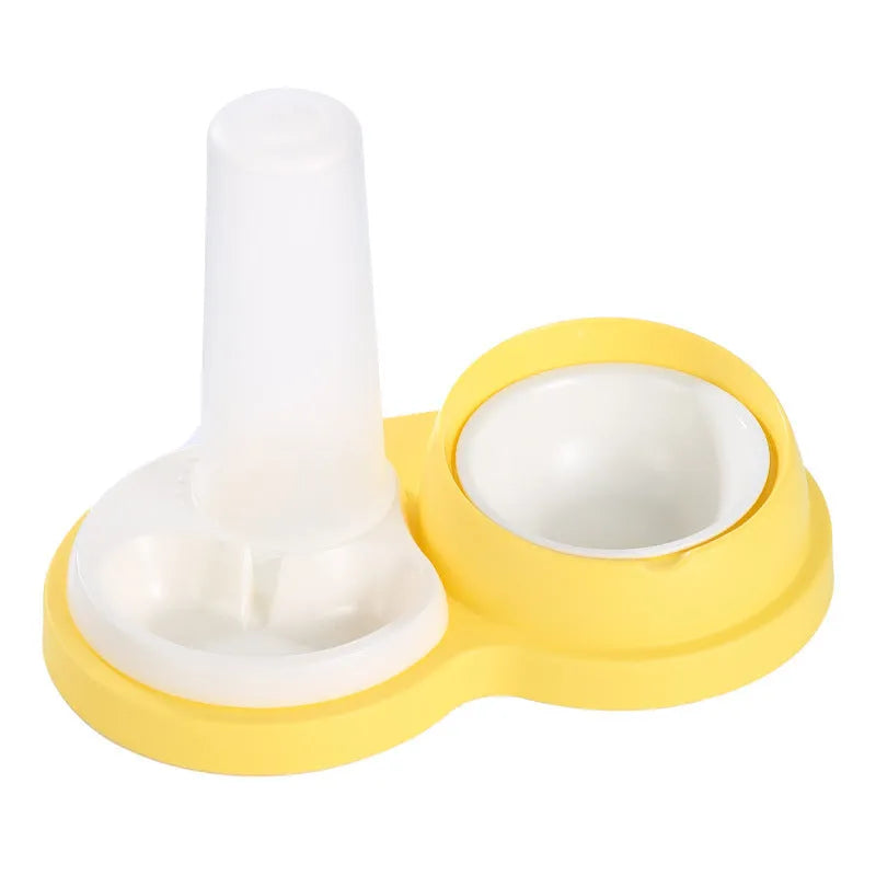 Grey and yellow pet dual feeding bowl with neck protection and non-slip base