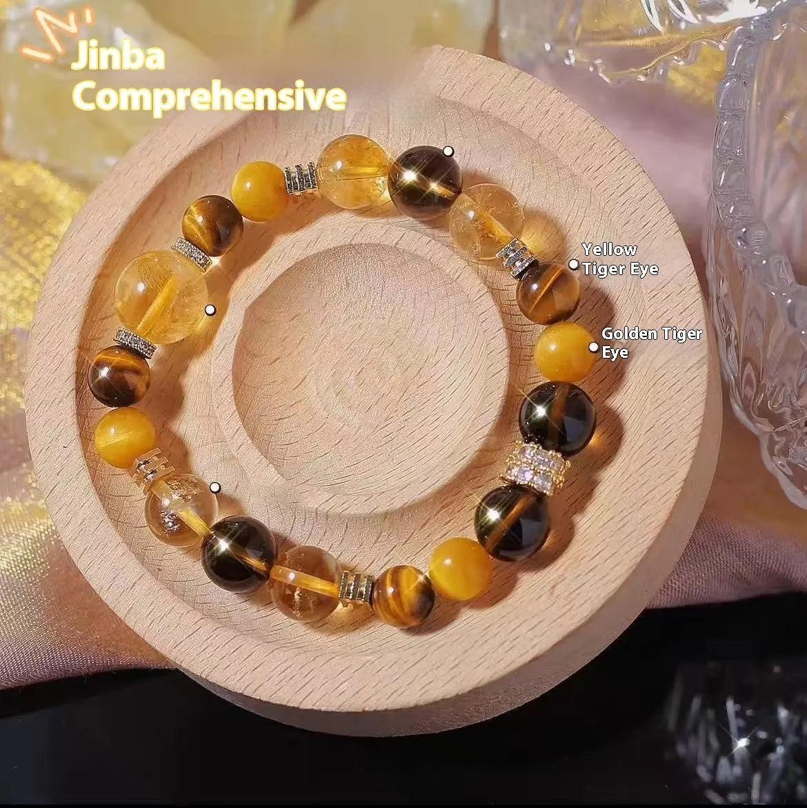 Natural yellow artificial crystal bead bracelet with 10mm Jinba beads in tower string design