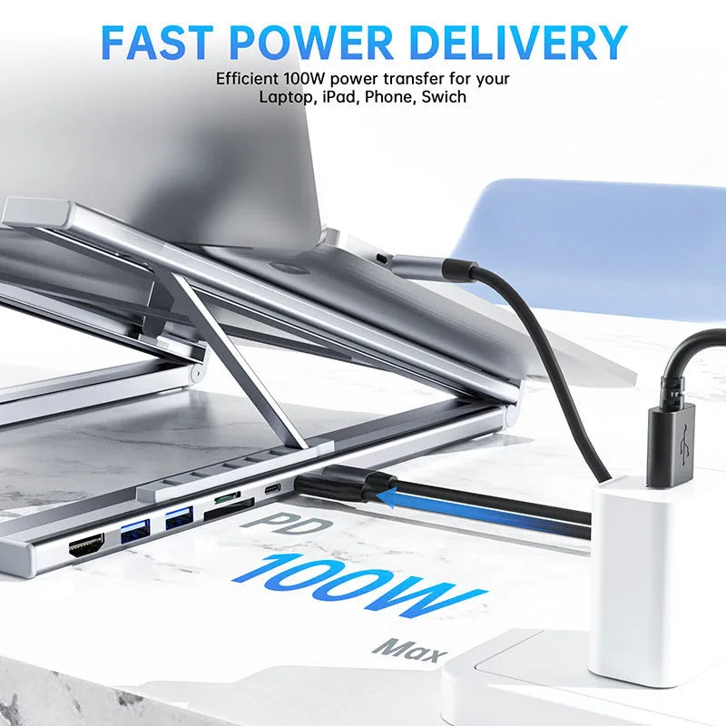Aluminium folding laptop stand with integrated 8-in-1 multi-interface docking hub