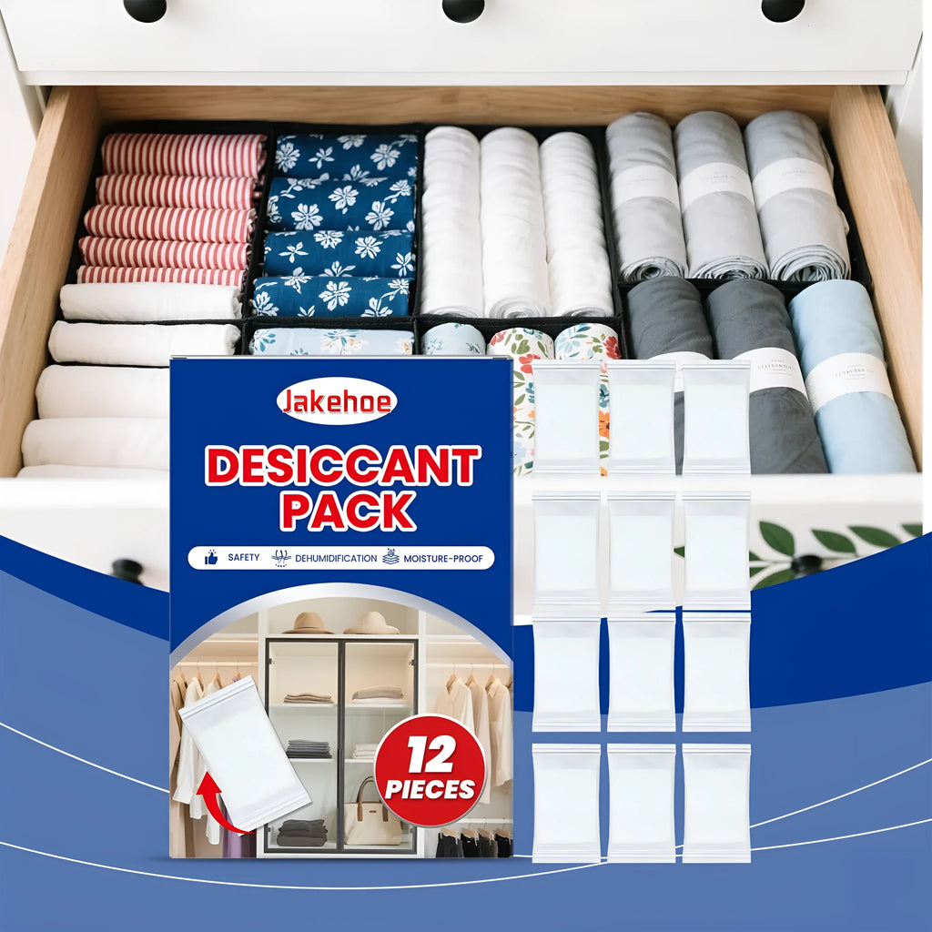 Pack of twelve white calcium chloride desiccant bags for household moisture control.