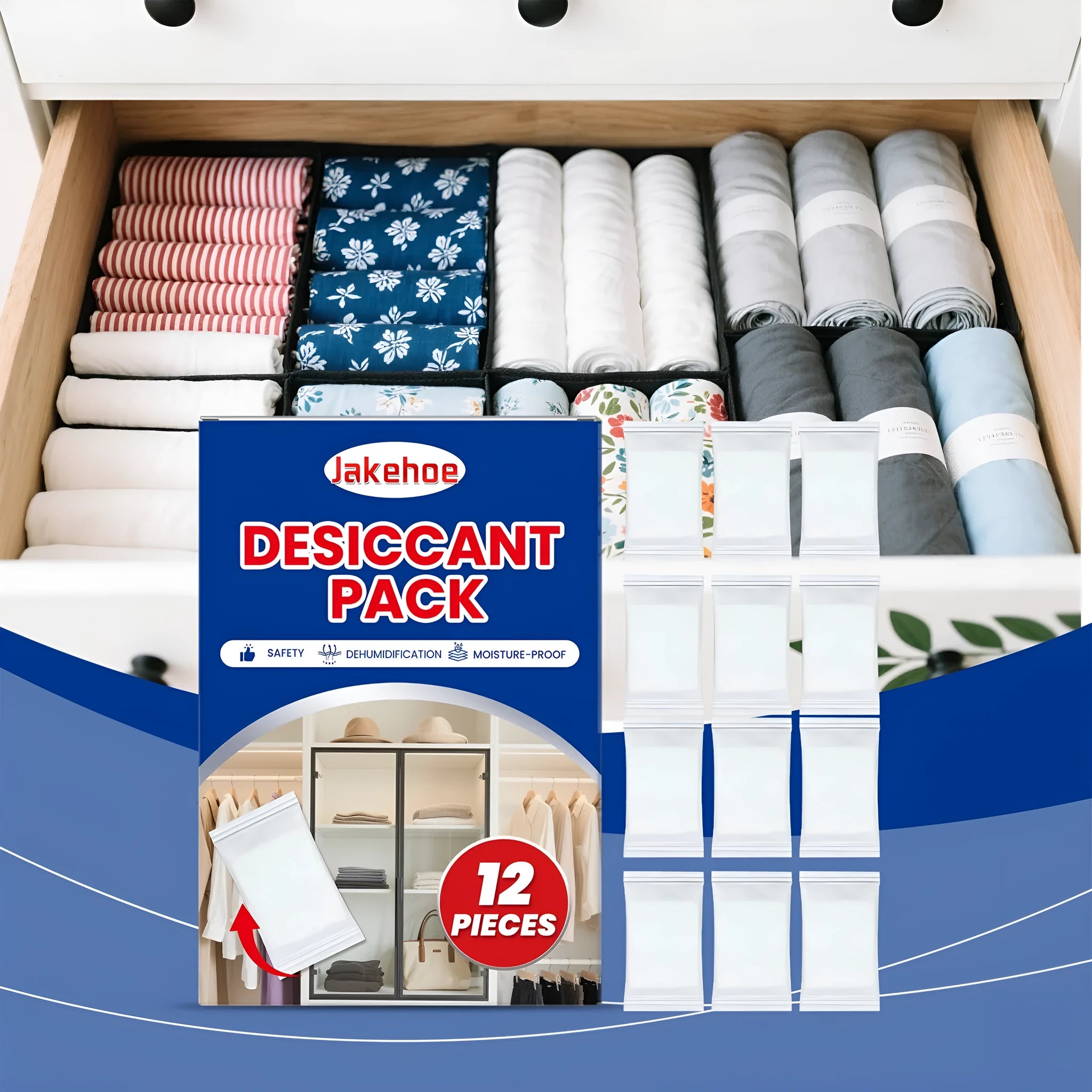 Pack of twelve white calcium chloride desiccant bags for household moisture control.