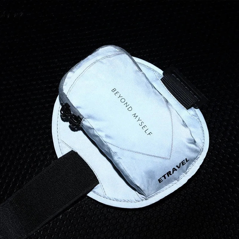 Running arm bag with reflective strip in three colour options: fluorescent yellow, black and silver grey