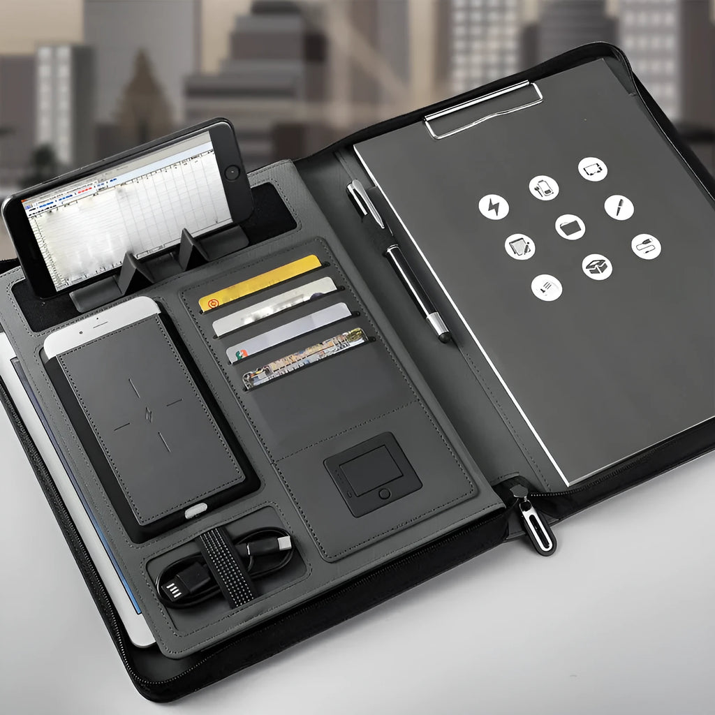 Multifunctional rechargeable A4 PU folder with wireless power charger, 5000mAh battery, and mobile holder – available in black, blue, red.