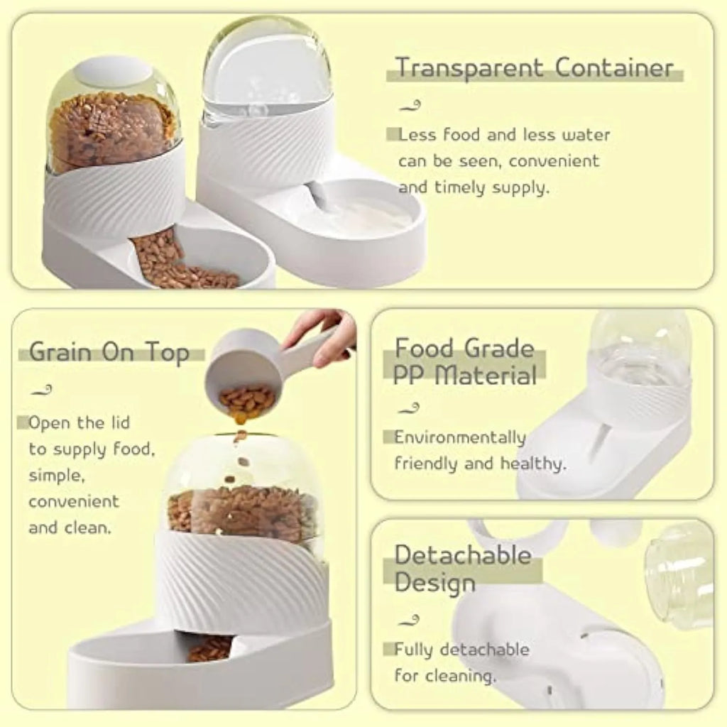 White automatic cat feeder and water dispenser set with wave-shaped design.
