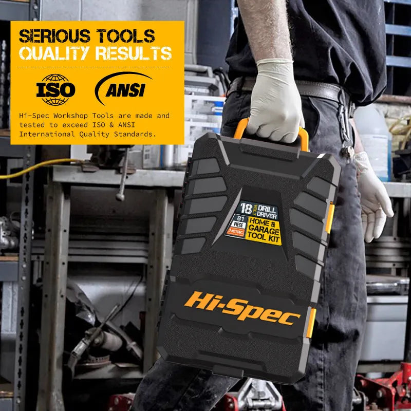 Grey yellow US style case open to show 82-piece chrome-vanadium steel home repair tool set