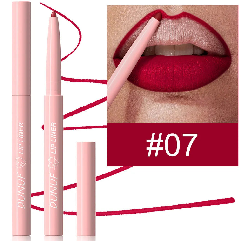 A single velvet matte lip liner pencil shown with a swatch of its colour, representing one of 12 available shades.