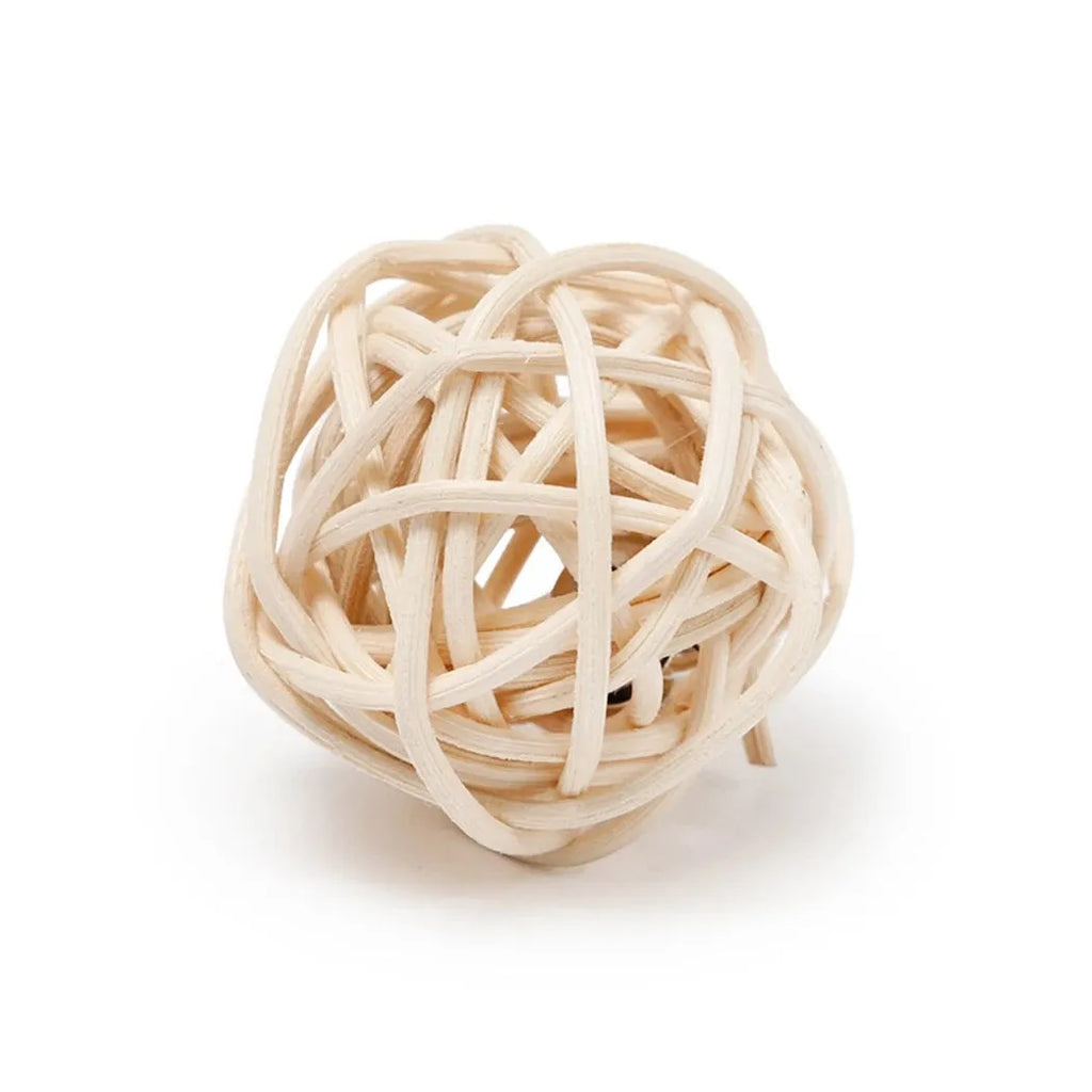 Natural rattan ball and colourful faux feather bell ball cat toy set