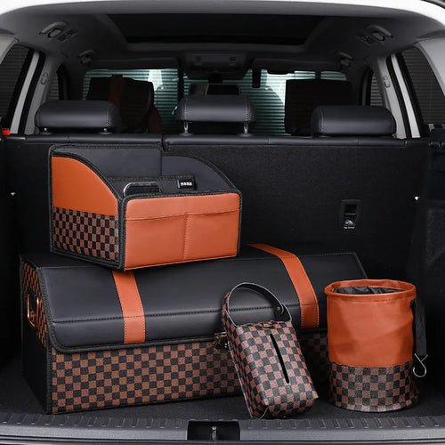 Tan retractable leather car trash can with handle in expanded position