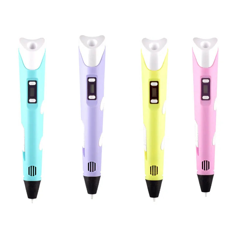 Children's 3D printing pen set with blue pen, base, USB cable, and coloured consumables in a colour box