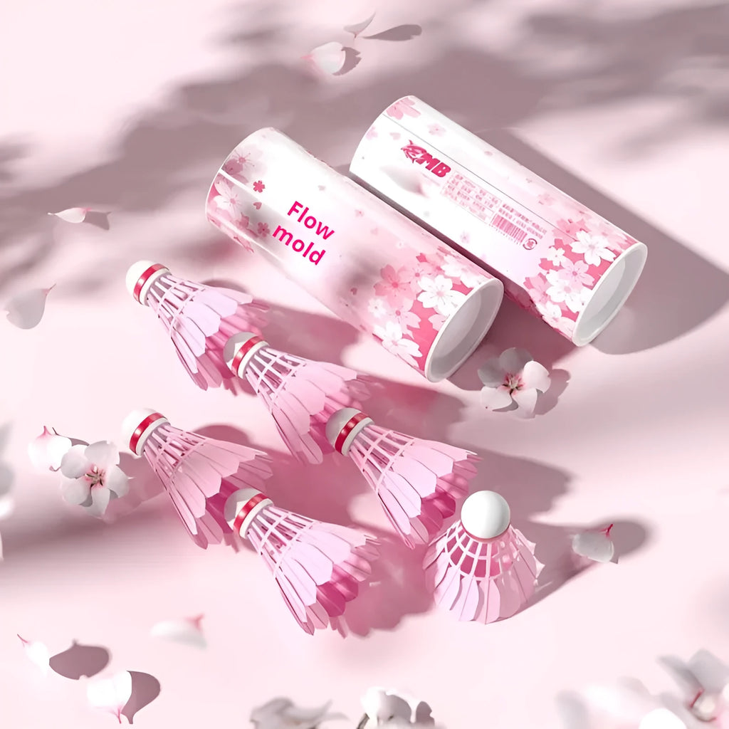 Pink goose feather badminton shuttlecocks in 6 pack on court background