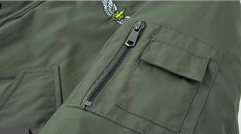 Men's fashion casual brushed jacket in satin cloth with baseball collar, army green, thickened for warmth