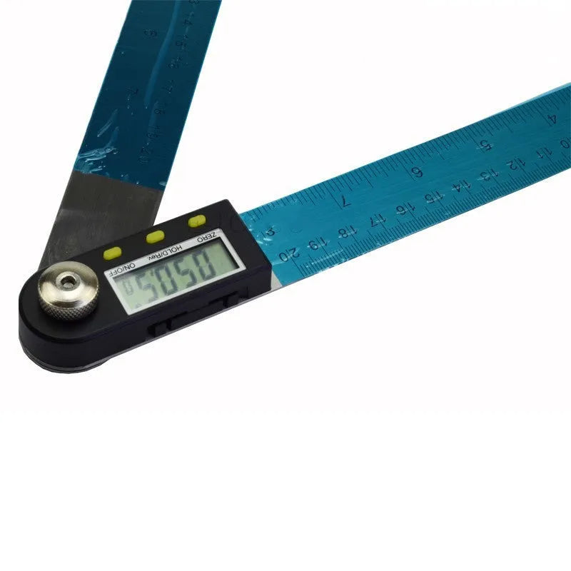 Stainless steel digital angle ruler with display on a wooden workbench showing a 45-degree angle