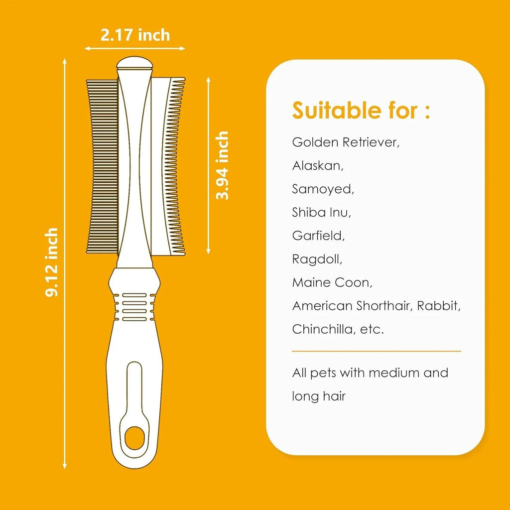 White 2-in-1 dog and cat grooming brush showing curved comb side and deshedding brush side