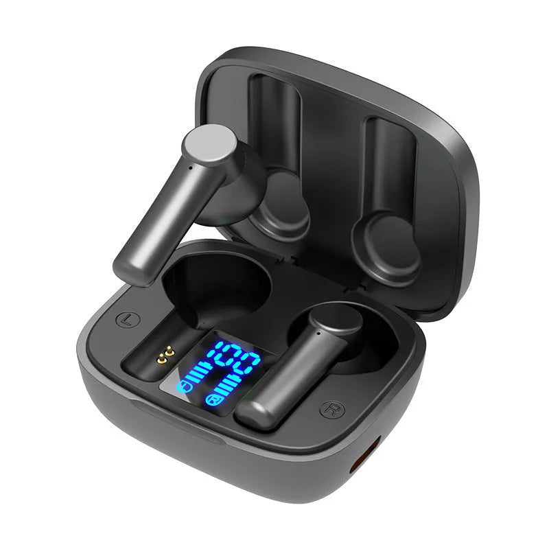 Digital display sports in-ear wireless Bluetooth headset with charging bin, black, pink, and white colour options