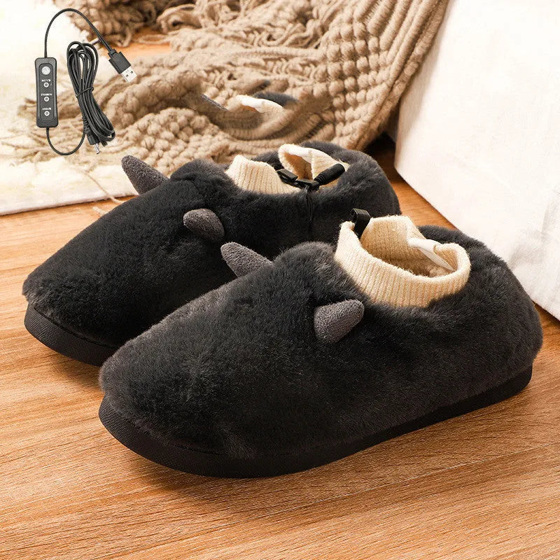 USB electric heating slippers in soft velvet, showing adjustable temperature controls and a connected USB cable.