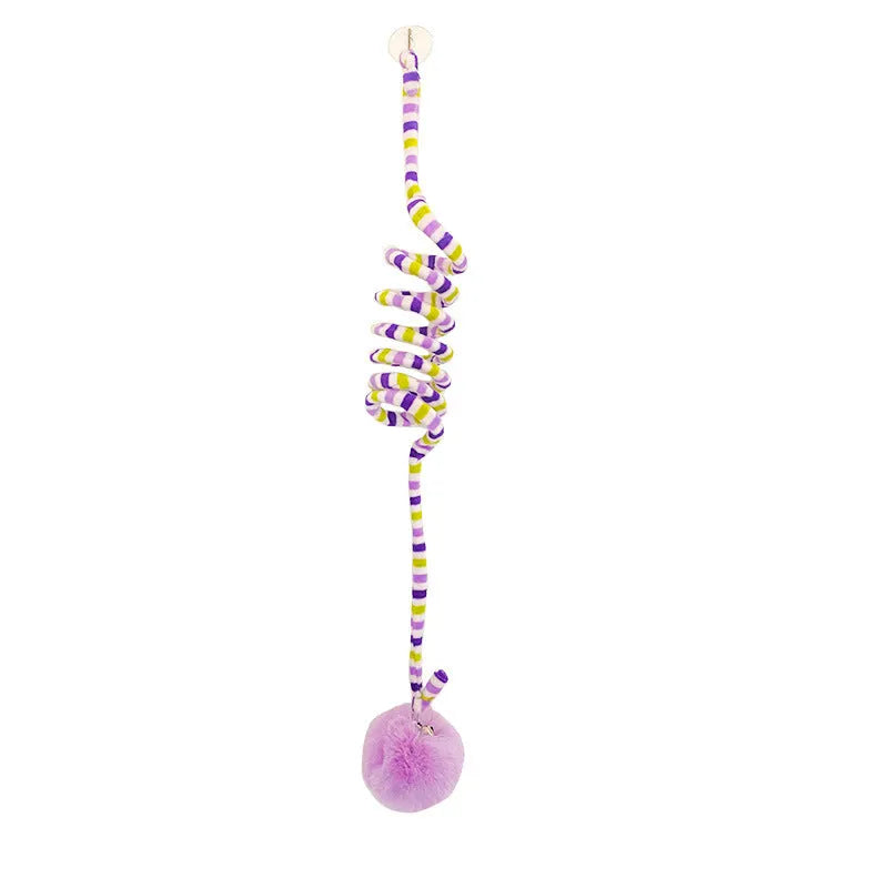 Hanging cat toy with long spring, inflatable ball, bell, and suction cup in various colours