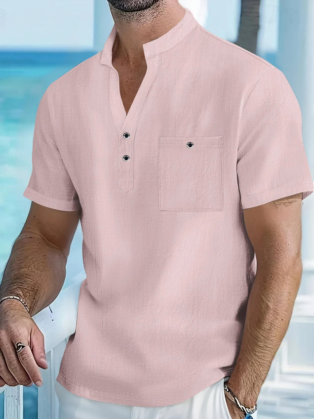 Men's linen stand collar t-shirt in loose fit with short sleeves