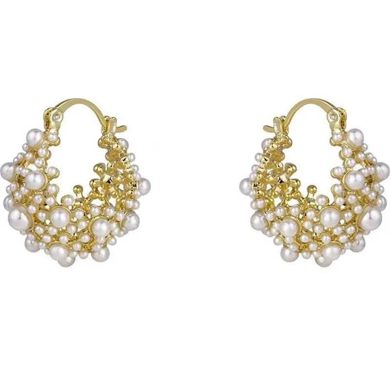 Gold copper flower basket earrings for women with pearl inlay and small bead details
