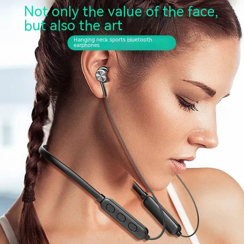 Halter wireless Bluetooth headset neckband in black, plastic construction, digital display, and breathing light