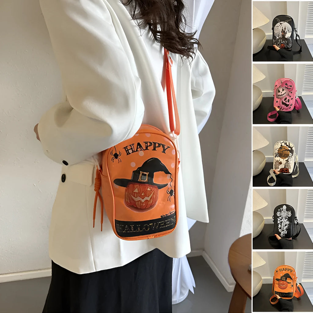 Black mini crossbody phone bag with Halloween graffiti print showing pumpkins, ghosts and bats