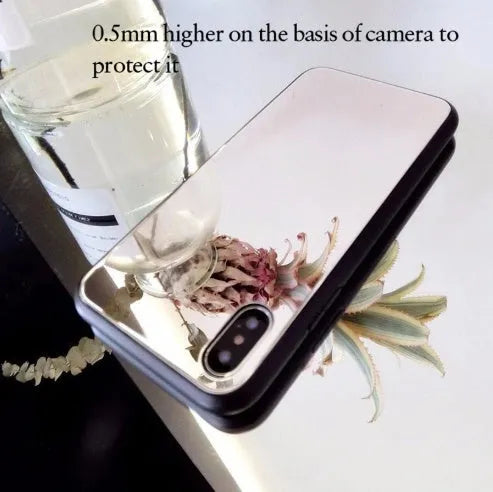 Black iPhone case with a built-in rectangular mirror on the back cover, compatible with iPhone X, 7 Plus, 8 Plus, and 12 models.