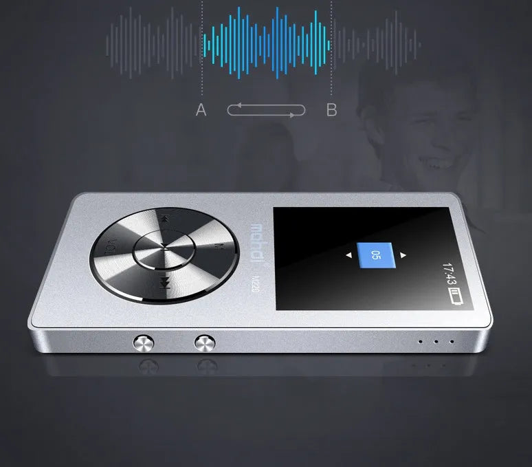 Gold, silver, and black all-metal portable MP3 player with a 1.8-inch screen.