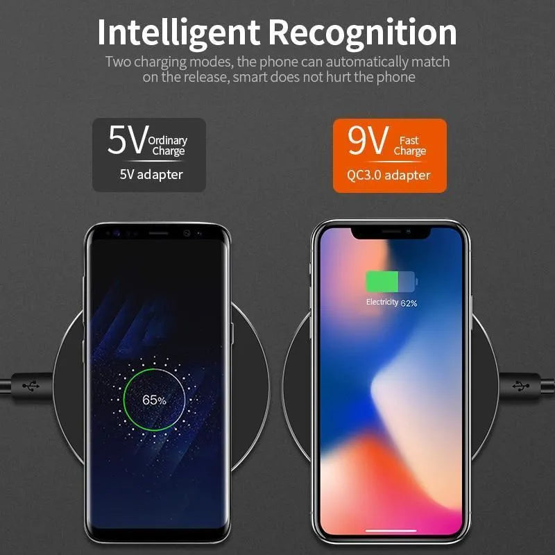 Ultra-thin black wireless charging pad measuring 98mm square with 6.5mm profile