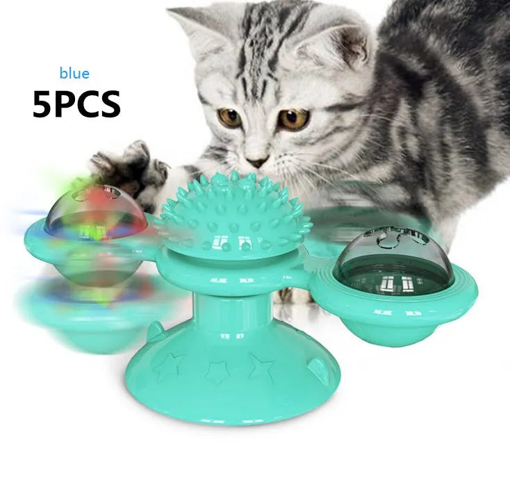 Cat rotating windmill toy with suction base on floor, two transparent bins, luminous ball, teeth grinding function, blue yellow green colour