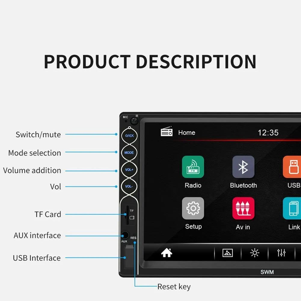 7 inch double DIN car MP5 player with TFT LCD touchscreen and colourful LED lights front panel