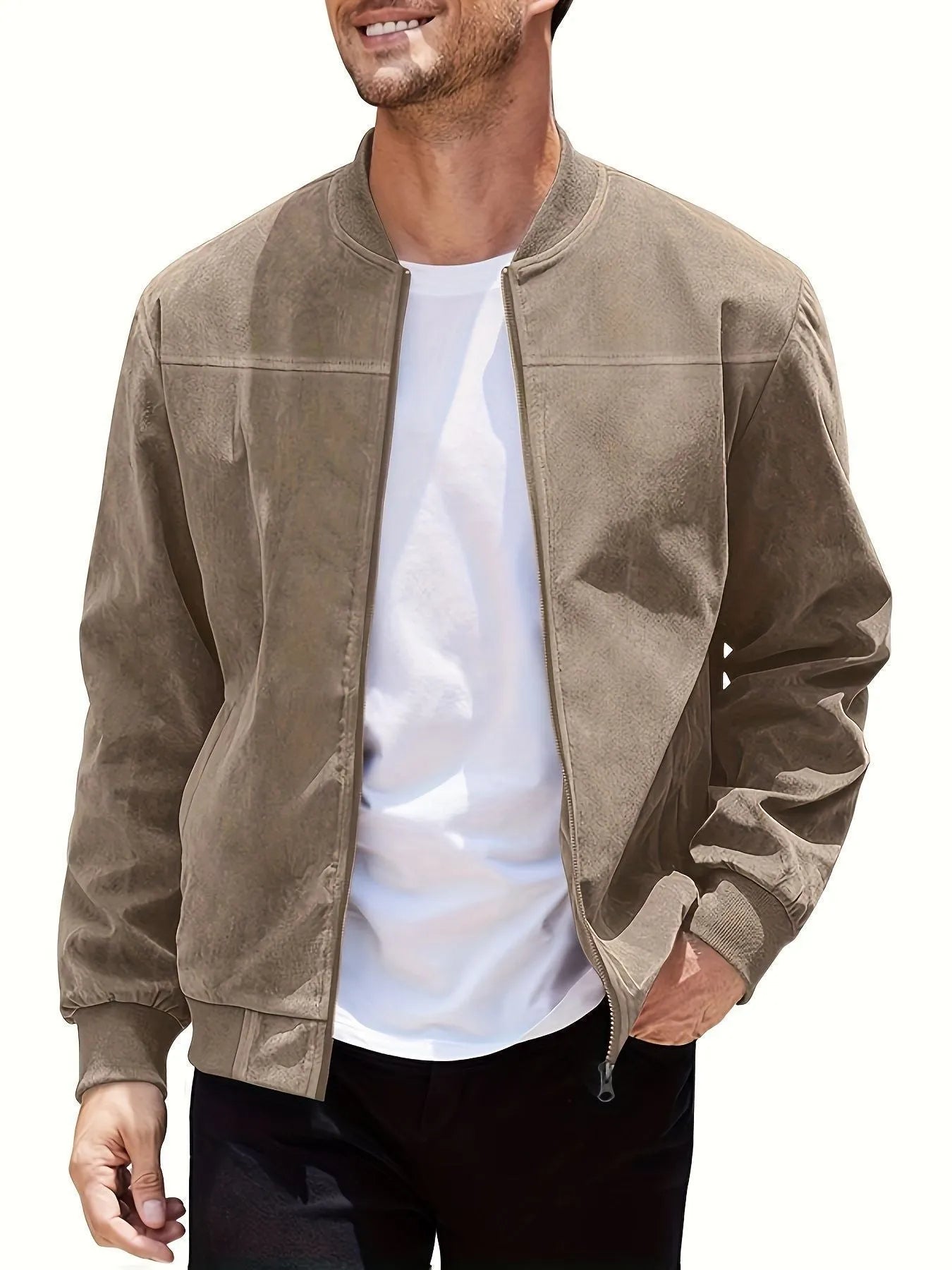 Men's plus size casual jacket in suede fabric, shown in Army Green colour with a front zipper.