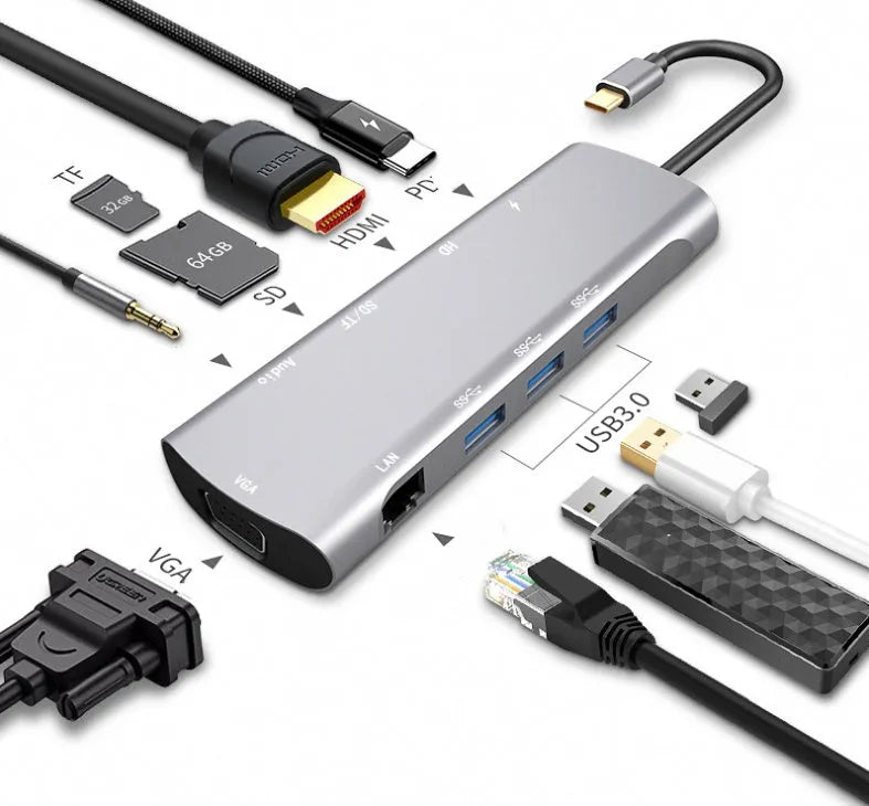 Grey aluminium USB-C docking station with HDMI, VGA, and USB 3.0 ports