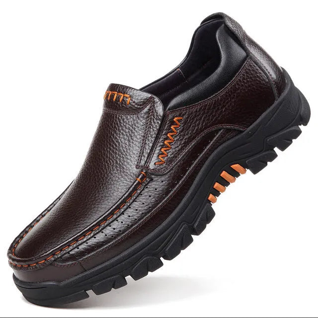Black and brown business casual leather slip-on shoes with a soft sole and rubber outsole