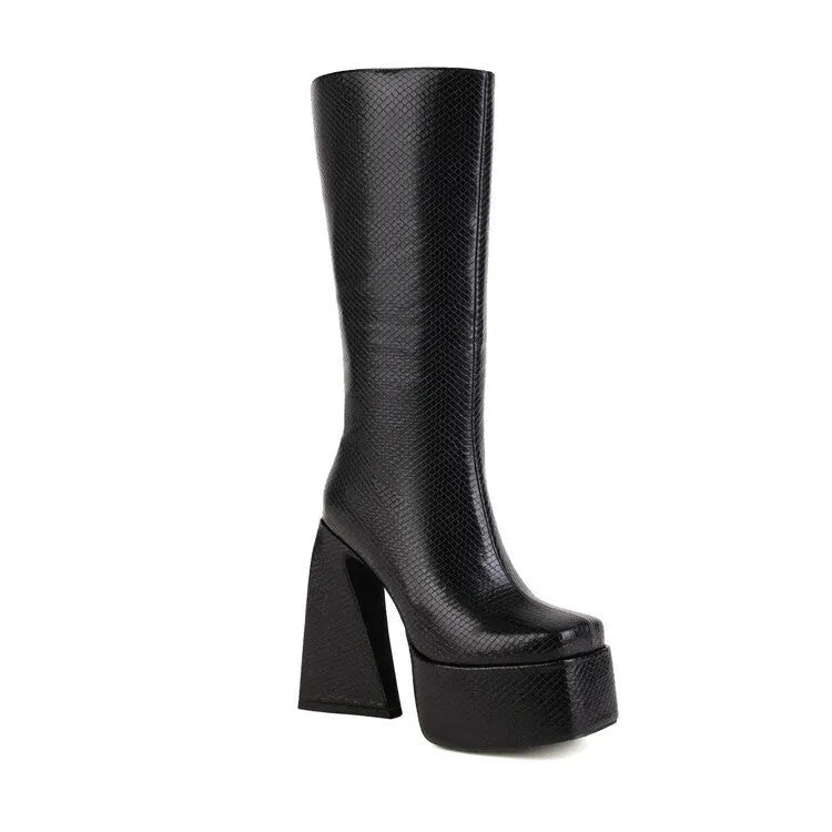 Women's artificial PU casual high boots in black, red, blue, and white colours