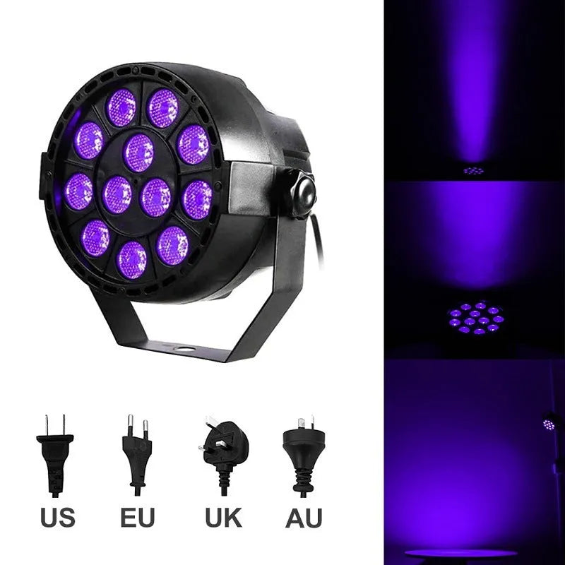 Ultraviolet UV par light with 12 LEDs for indoor stage lighting, black housing