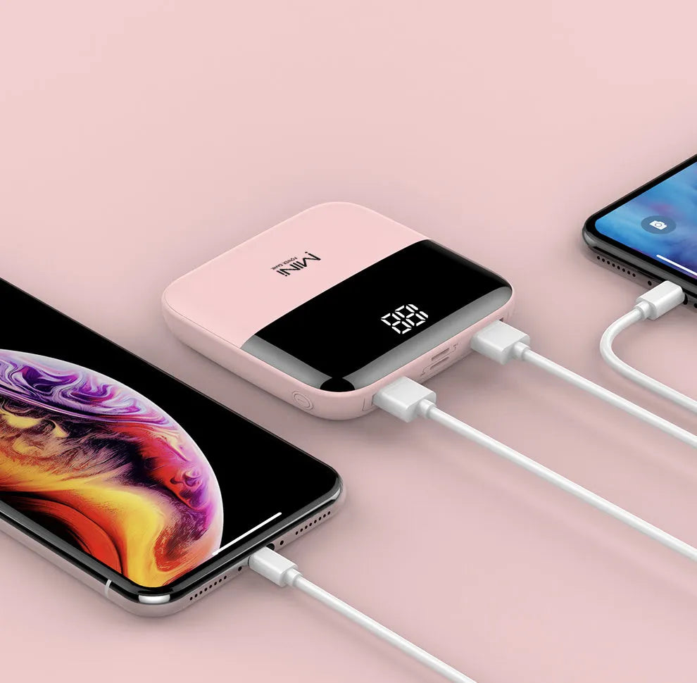 10000mAh portable power bank with digital display and dual USB ports in multiple colour options