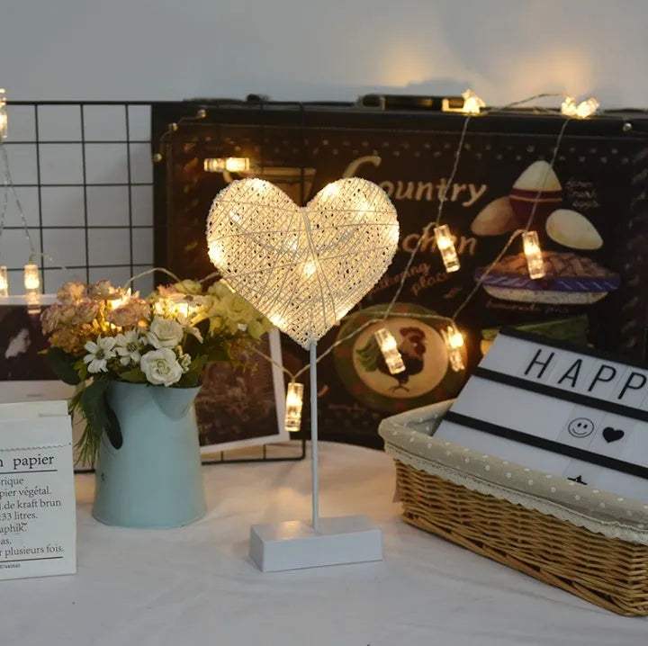Rattan LED fairy lights with star, heart and moon designs for battery-powered room decoration