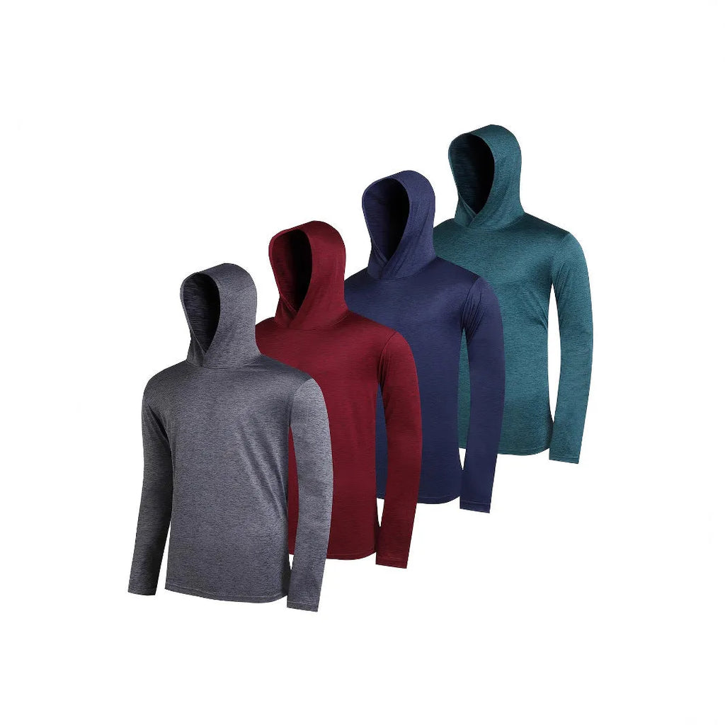 Four men's lightweight polyester hoodies folded together, showcasing elastic fabric and available colour options.