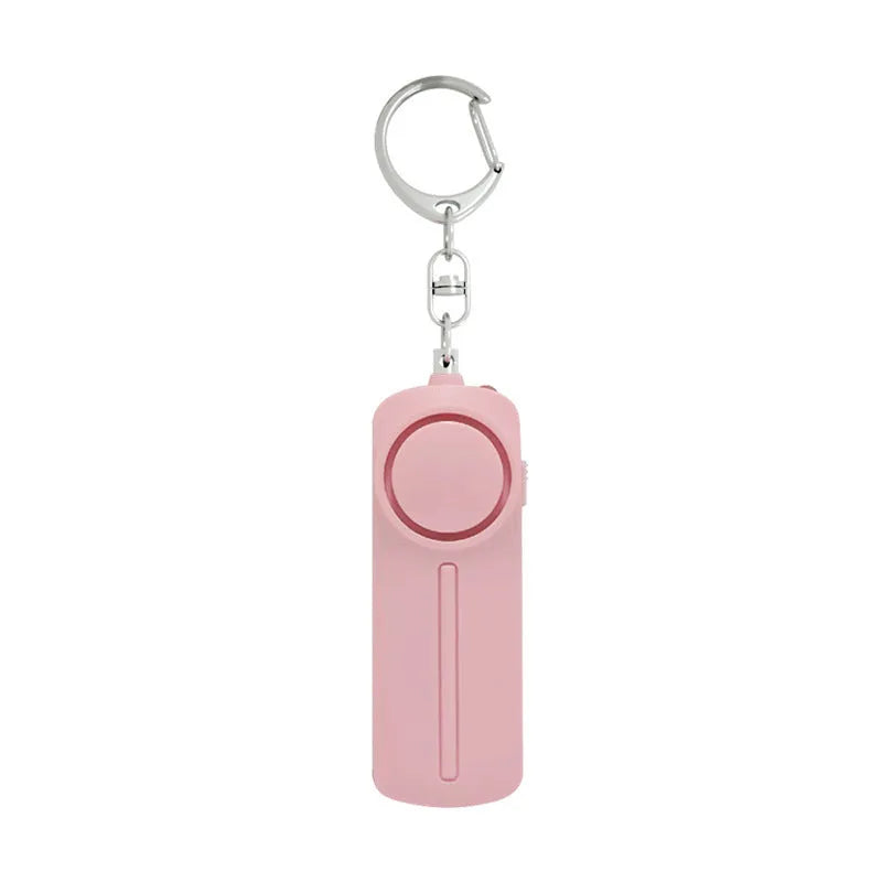 Compact pink personal safety alarm with keyring, showing dimensions and LED light.