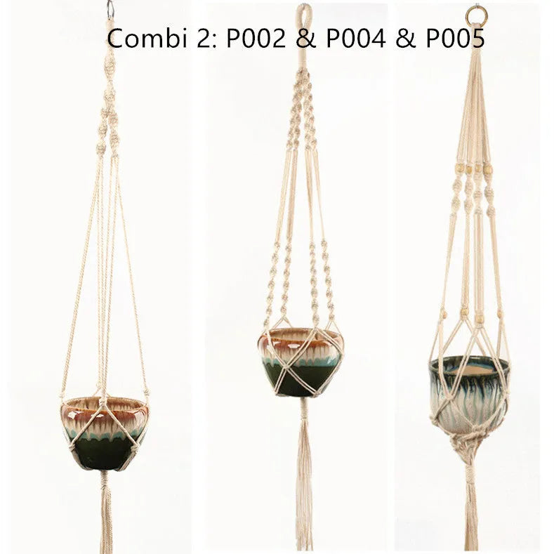 Woven wire cotton rope plant hanger macramé pot holder in European American village style