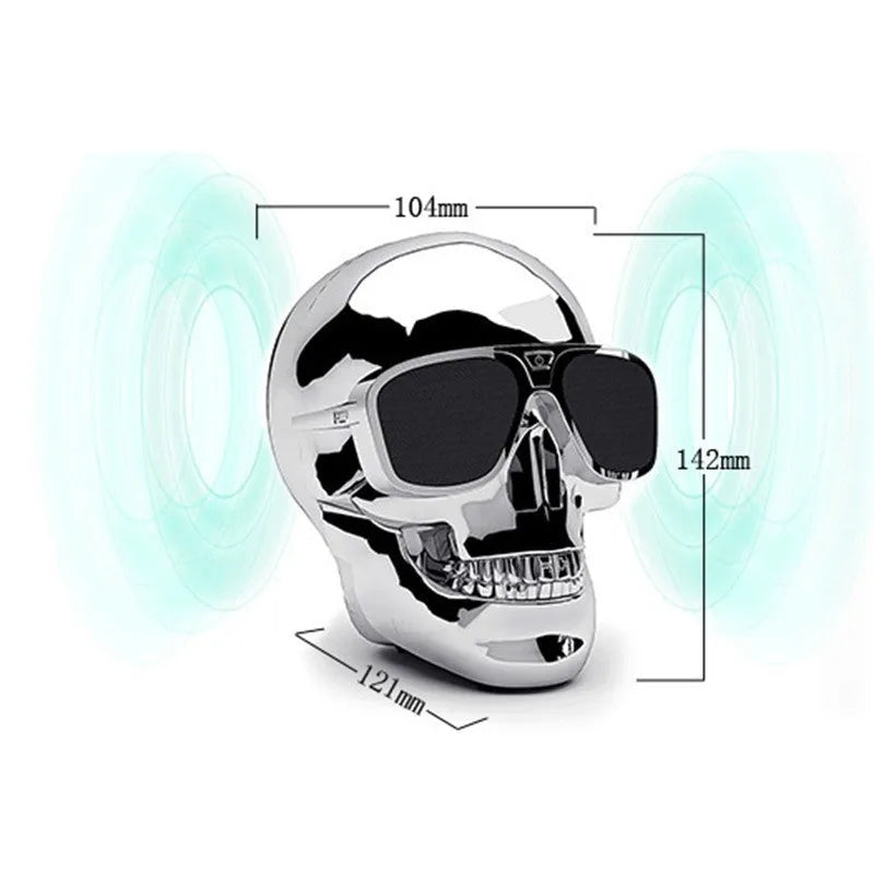 Skull-shaped wireless Bluetooth speaker with 10-hour battery in black, blue, gold, matte black, rose gold, or silver colours