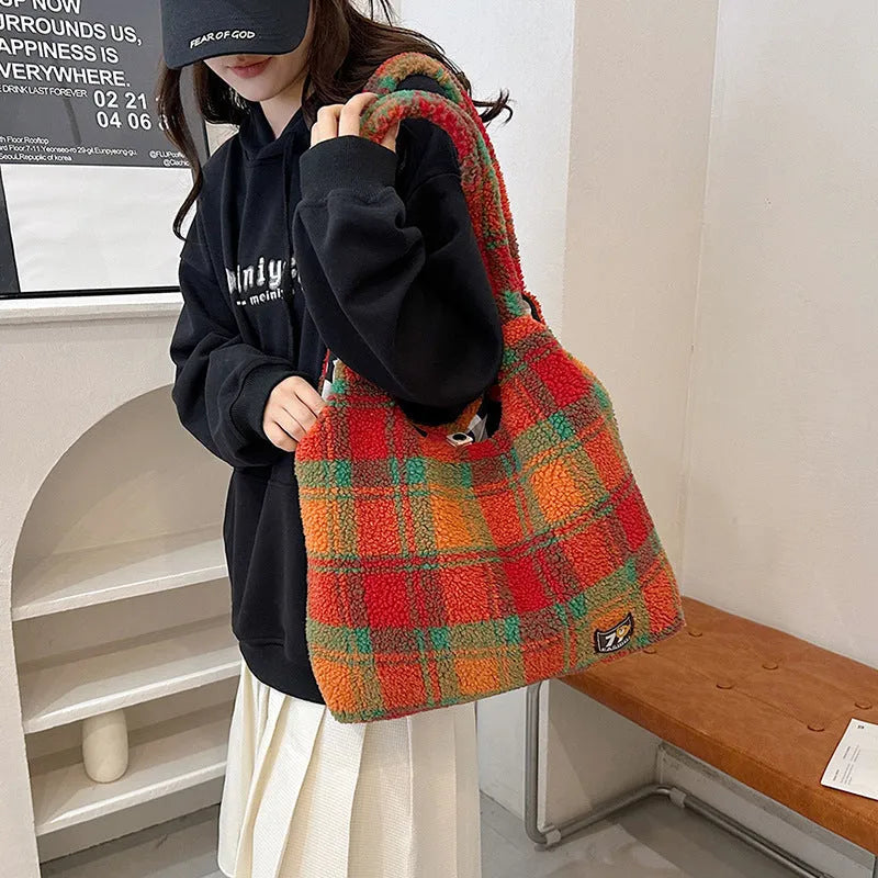 Women's plush plaid crossbody tote bag in Army Green colour showing large capacity and zippered compartment