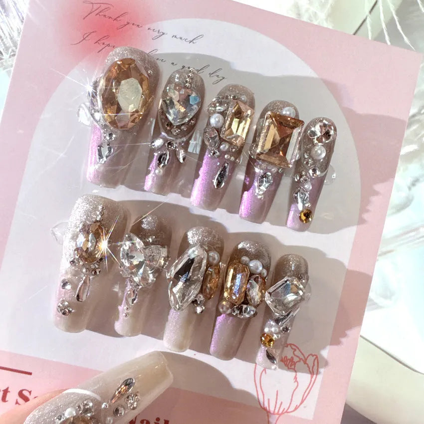 Luxury rhinestone false nail patches with flash style designs for women, S number size