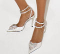 Women's pointed toe sandals with heart-shaped rhinestone decoration on satin upper with winding straps