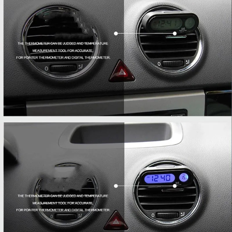 Black car dashboard electronic clock and thermometer with LED display on adjustable bracket