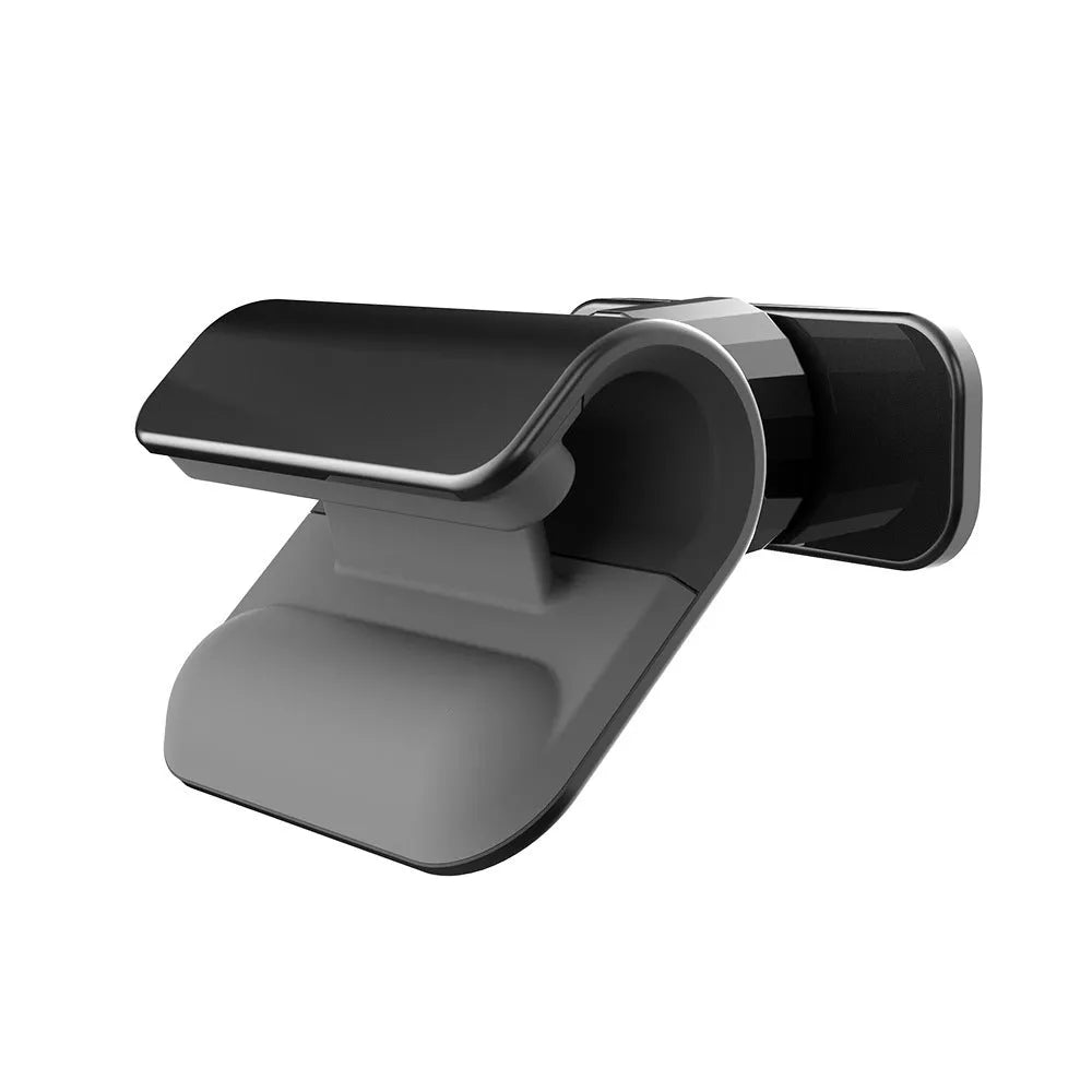 Black universal car phone holder showing 360-degree rotating bracket with 3M adhesive backing