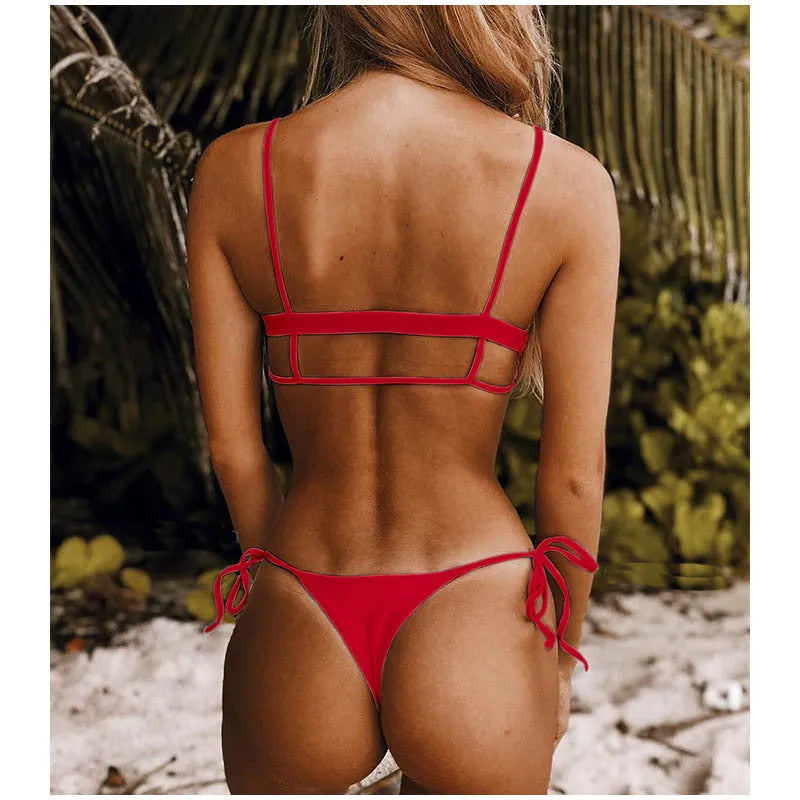 Bikini ladies sexy swimsuit two-piece polyester spandex black red available in sizes S M L