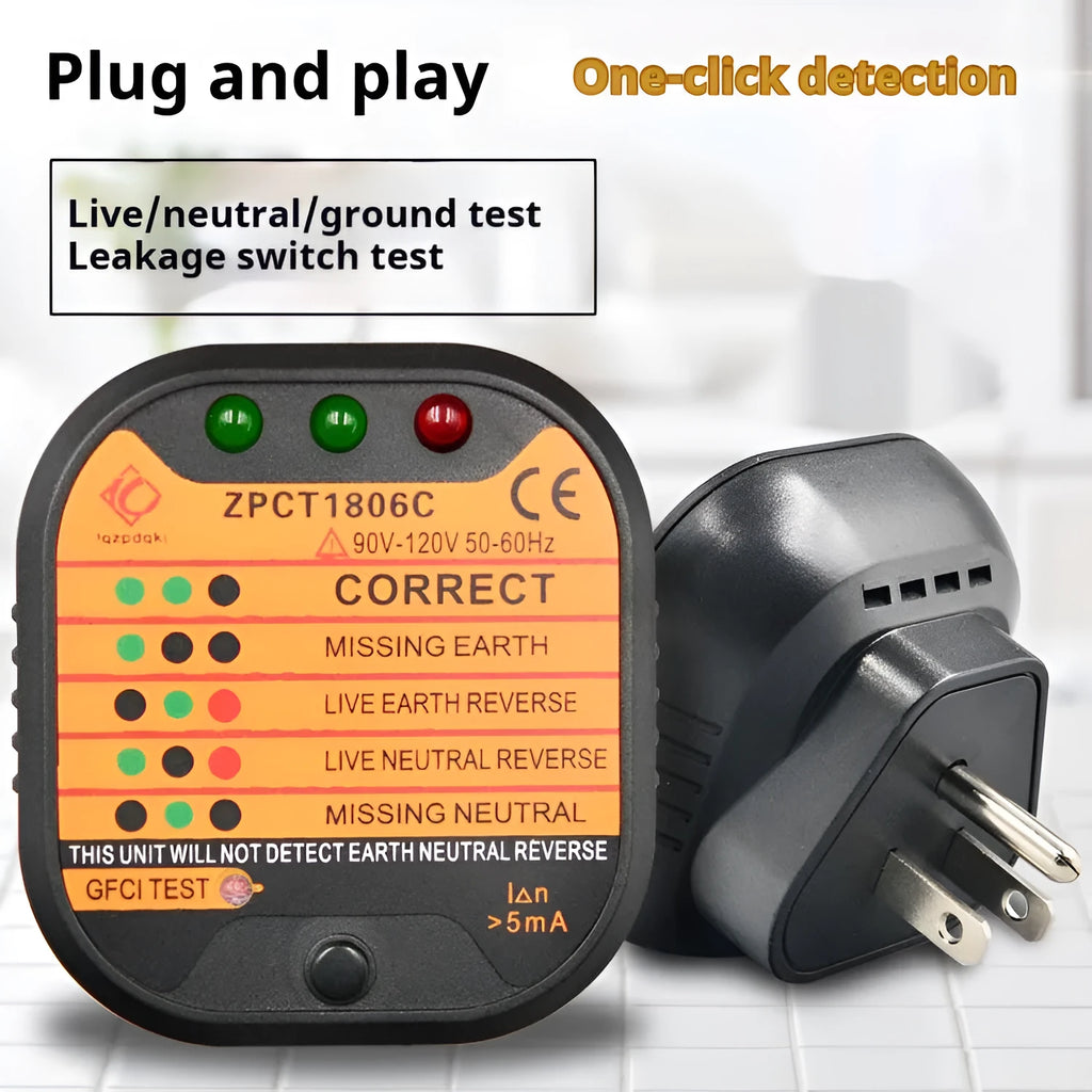 Black socket tester with LED indicators for UK EU US electrical outlet wiring fault detection